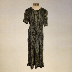 80s Retro Rayon Leaf Print House Dress Karin Stevens Size 16 Shoulder Pads